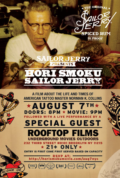 Sailor Jerry presents Hori Smoku Sailor Jerry. Sat Aug 7th. Doors: 8pm / Movie: 9pm. Followed by a live performance by Heavy Trash featuring Jon Spencer and Matt Verta-Ray. Rooftop films 232 Third Stret #D101 B Brooklyn, NY 11215.